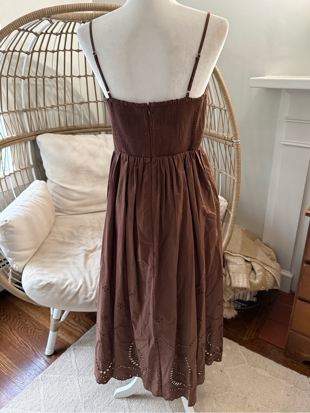Calypso St Barth Brown Eyelet Midi Dress Smocked Back Spaghetti Strap 8 - Picture 3 of 8